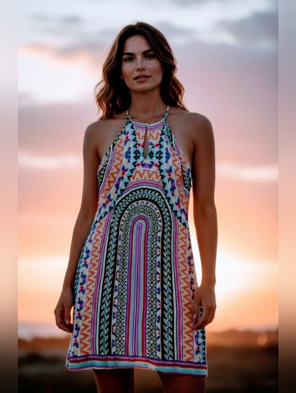 Renee C. Multicolor Bohemian Rainbow Halter Mini Dress with Tribal Print